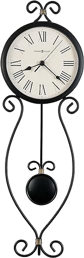 Howard Miller Ivana Wall Clock 625-495 – Wrought-Iron, Antique Black Finish with Gold Highlights, Black Pendulum Bob, Antique Black Bezel, Quartz Movement