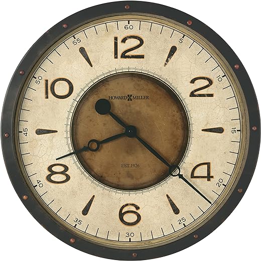 Howard Miller Kayden Oversized Wall Clock 625-748 – Aged Black Finished Metal, Bold Arabic Numerals, Rustic Rivets, Vintage Home Décor, Quartz Movement