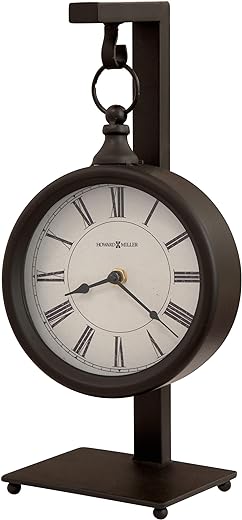 Howard Miller Loman Mantel Clock 635-200 – Metal Antique Black Finished, Rustic Clock Hangs on 14.25-inch Stand, Distressed Black Roman Numerals, Quartz Movement