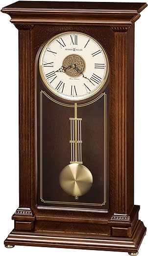 Howard Miller Stafford Mantel Clock 635-169 – Cherry Bordeaux Finish, Inverted V-Matched Teak Wood Veneer, Fluted Columns, Quartz, Triple-Chime Movement