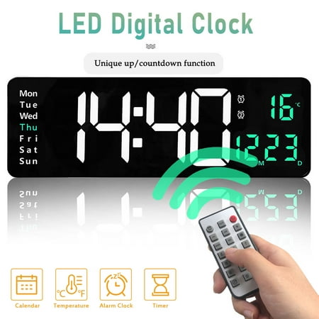 IFCOW Large Digital Wall Clock with Remote Control, 16 Inch LED Display Count Up & Down Timer, Adjustable Brightness Alarm Clock with Day/Date/Temperature for Home, Gym, Office