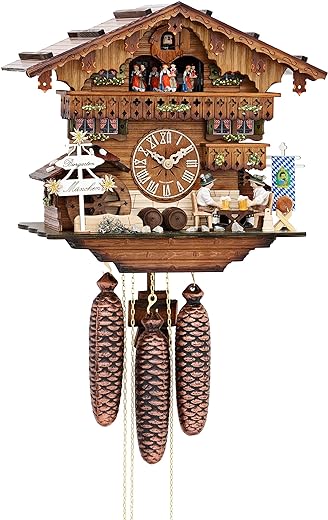 ISDD Cuckoo Clock Black Forest house with moving beer drinkers and mill wheel