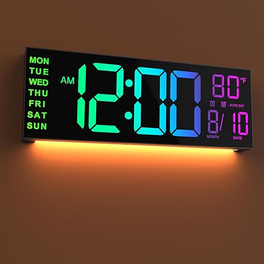 JALL 16 Large Digital Wall Clock with Remote Control, Dual Alarm with Big LED Screen Dispaly, 8 RGB Colors, Auto DST, for Living Room, Bedroom, Decor, Gift for Elderly (Black, 16 inches)