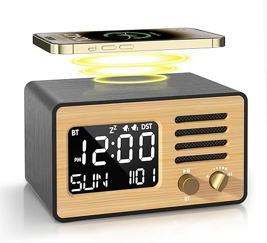 JALL Vintage Retro Digital Alarm Clock, Desk Clock with Wireless Charger Station, Speakers with Bluetooth, Auto DST, Auto Dimming, USB Port for Bedroom, Bedside, Wood Décor