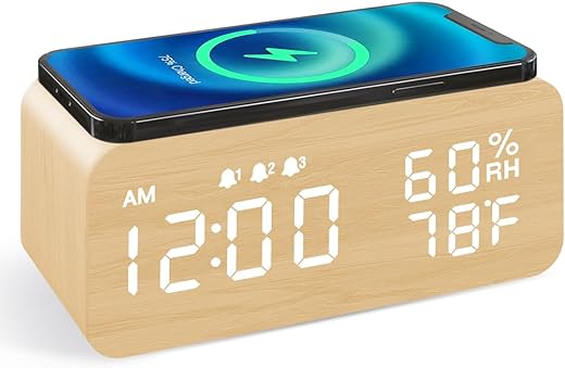 JALL Wooden Digital Alarm Clock with Wireless Charging, 3 Alarms LED Display, Sound Control and Snooze Dual for Bedroom, Bedside, Office