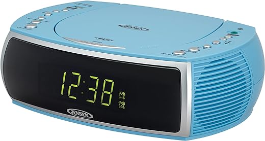 Jensen Sky Blue Modern Home CD Tabletop Stereo Clock Digital AM/FM Radio CD Player Dual Alarm Clock CD Top-Loading Player | USB Charging Port DV 5V 800mA | Headphone Jack | 0.9 Display Green LED