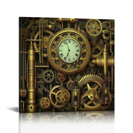 JEUXUS Vintage Steampunk Style Clock Gear Canvas Wall Art Oil Painting Picturs for Bathroom Kitchen Decor Retro Industrial Mechanical Framed Print Artwork, Hanging Posters Home Decor Artwork