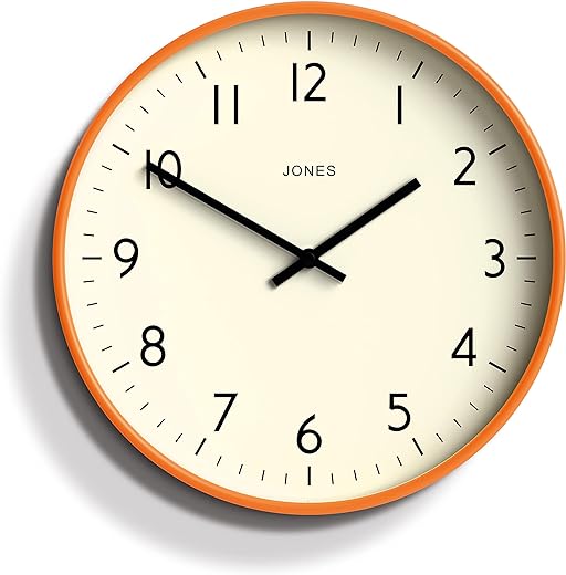 JONES CLOCKS® Studio Round Wall Clock - Round Clock - Modern Clock - Designer Clock - Kitchen Clock - Living Room Clock - Office Clock - Easy to Read Dial - Contemporary Design (Orange)