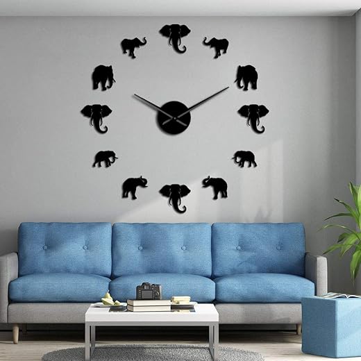 Jungle Animals Elephant DIY Large Wall Clock Home Decor Modern Design Mirror Effect Giant Frameless Elephants DIY Clock Wall Watch (Black)