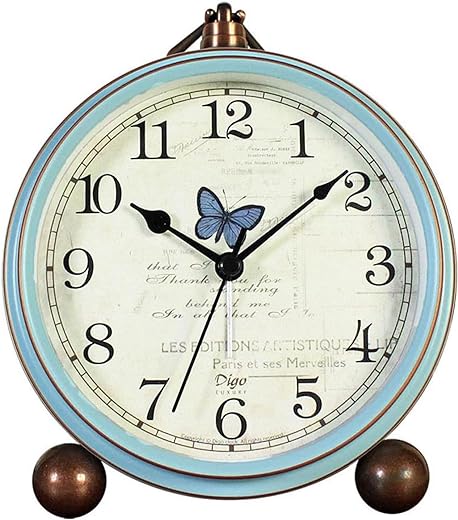 JUSTUP Table Clock, Vintage Non-Ticking Table Desk Alarm Clock Battery Operated with Quartz Movement HD Glass for Bedroom Living Room Office Desk(Butterfly)