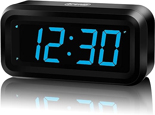 KWANWA Alarm Clock, Digital Clock, Constantly 1.2'' LED Blue Digits Display, Battery Powered, Snooze, Small Wall Clock, Desk Clock, Clock for Bedroom, Alarm Clock for Heavy Sleepers