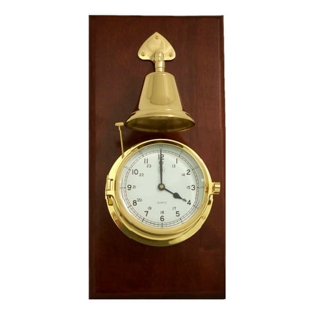 Lacquered Brass Porthole Quartz Striking Bell Clock on Mahogany Wood.