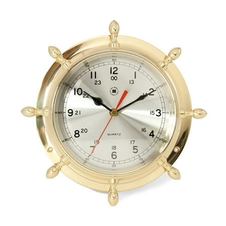 Lacquered Brass Ship's Wheel Quartz Clock with Beveled Glass.