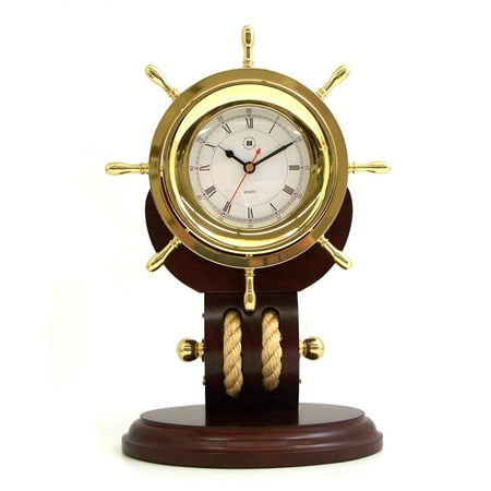 Lacquered Brass Ships Wheel Quartz Clock with Beveled Glass and Fisherman's Rope on Solid Teakwood Base.