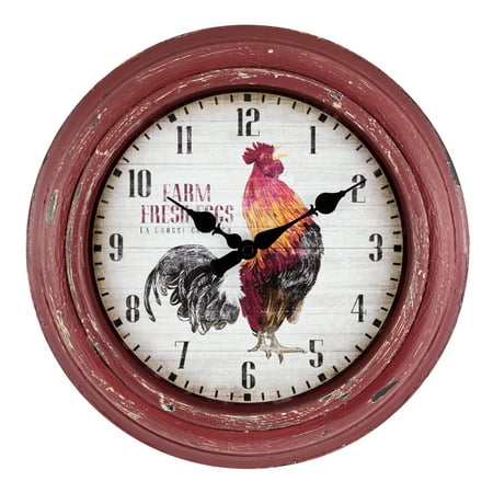 La Crosse Clock 12-inch Red Rooster Distressed Quartz Analog Wall Clock, 404-3630