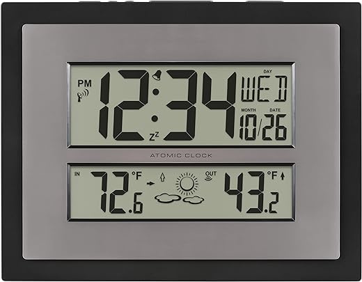 La Crosse Technology 512-85937-INT Atomic Digital Wall Clock with Temperature & Forecast in Gray/Silver