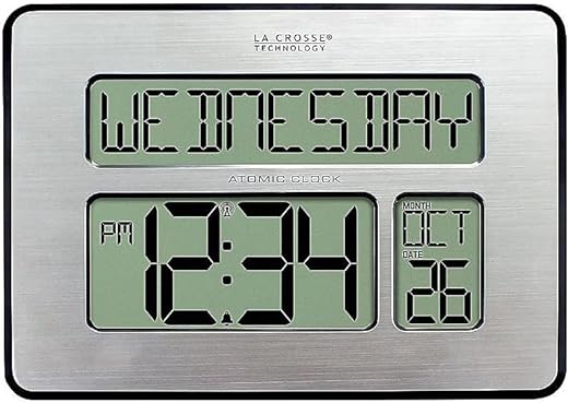 La Crosse Technology 513-1419-INT Atomic Full Calendar Clock with Extra Large Digits - Silver, 9.84"L x 1.14"W x 7.48"H