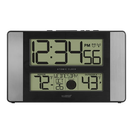 La Crosse Technology Atomic Digital Clock with Temperature and Moon Phase Aluminum finish