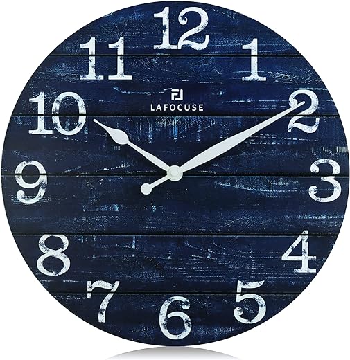 Lafocuse 12 Inch Rustic Farmhouse Wooden Wall Clock Silent Non Ticking,Battery Operated Vintage Shabby Chic Distressed Retro Navy Blue Clock Decorative for Living Room Kitchen Bedroom Office