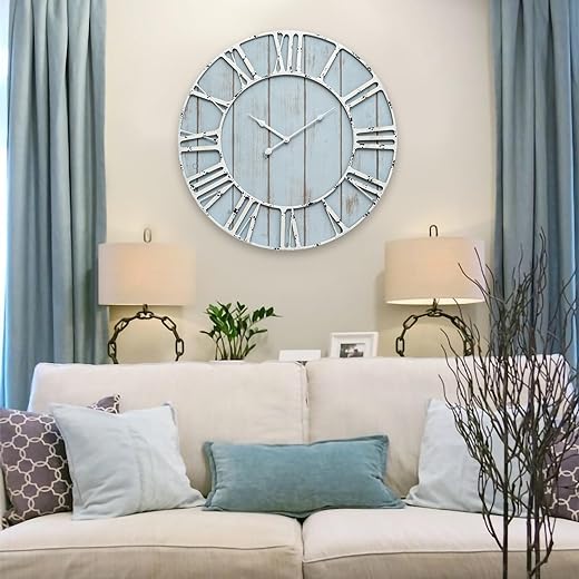 Large Farmhouse Wall Clock 24 Inch Vintage Blue Wooden Wall Clock with Quiet Ticking and Minimalist Roman Numerals for Bedroom Living Room Office Kitchen Home Decor, Battery Operated