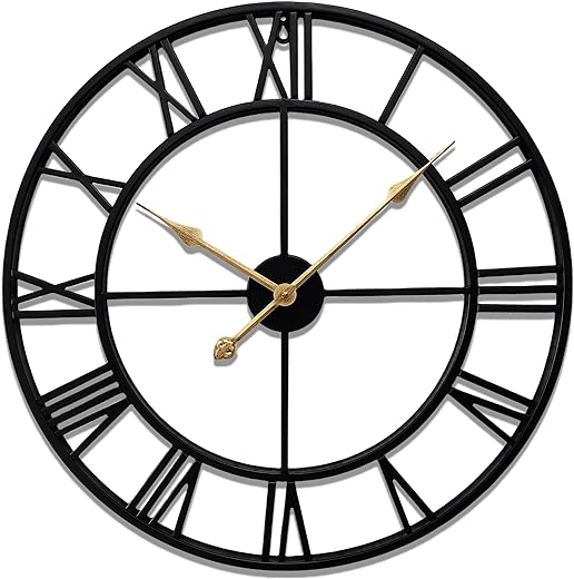 Large Metal Wall Clock Industrial Decorative Clocks for Living Room, Big Roman Numeral, Thicken Iron, Battery Operated,Strong Mechanism (24 INCH, Black)