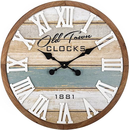 Large Wall Clock for Living Room Decor - 24 Inch Decorative Wall Clock - Wood Vintage Rustic Farmhouse Style Roman Numeral Wall Clock - Battery Operated Silent Non Ticking Analog Clock