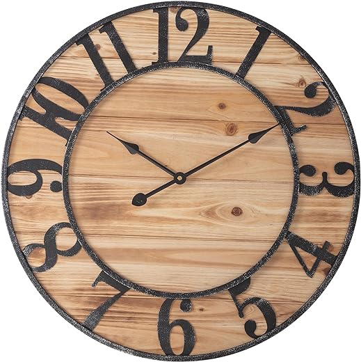 Large Wall Clocks for Living Room Decor, 24 in Farmhouse Wall Clock Wood Base Metal Frame, Silent Battery Operated Brown Rustic Country Shiplap Round Decorative Wall Clock for Kitchen, Dining Room