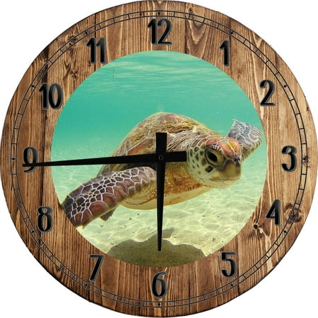 Large Wood Wall Clock 24 Inch Round Beachy Wall Art Sandy Beach Floor Sea Turtle Swimming Through The Ocean Round Small Battery Operated