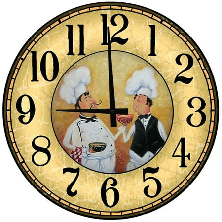 Large Wood Wall Clock 24 Inch Round Waiter and Chef Café Kitchen Round Small Battery Operated Wall Art