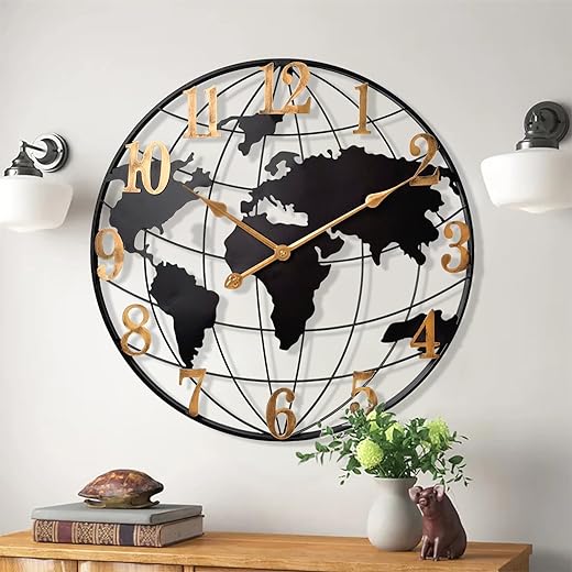 Large World Map Wall Clock, Metal Minimalist Modern Clock,Round Silent Non-Ticking Battery Operated Wall Clocks for Living Room/Home/Kitchen/Bedroom/Office/Farmhouse Decor (24 Inch)