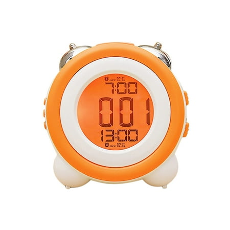 LED Light Electronic Alarm Mute Simple Stereo Loud Double Bell Stay in Bed Clock for Kids Child (Orange)