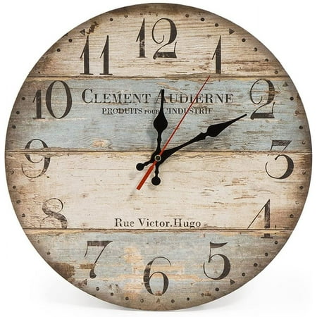 LOHAS Home 12 Inch Silent Vintage Design Wooden Round Wall Clock, Arabic Numerals,Vintage Rustic Shabby Chic Style,Blue and Brown Multi Bars,Wooden Round Home Decoration Wall Clock(Victor Hugo)