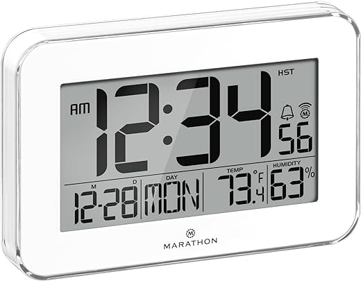 Marathon Crystal Framed Atomic Wall Clock, White - Large, 7.5-Inch Display - AM/PM or 24-Hour Time Format, Eight Time Zones, Indoor Temperature & Humidity - Two AA Batteries Included