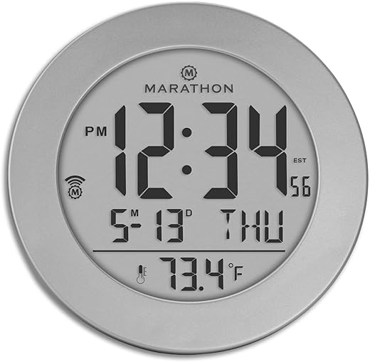 MARATHON Round Atomic Alarm Clock with Push-Button Backlight, Graphite Gray - 12 or 24-Hour Time, Eight Time Zones, Indoor Temperature - Two AAA Batteries Included