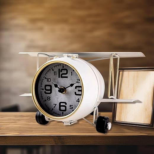 Metal Airplane Tabletop Clock,Vintage Decorative Desk Clock Battery Operated,Rustic Clock for Mantel Shelf Desk Decor,Silent Non-ticking Clock for Living Room,Office,Kitchen,Bedroom,10.7x8.7x6.3inch