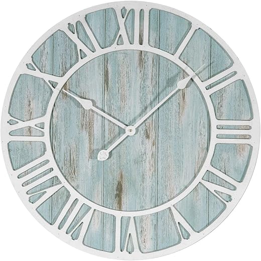 MISC Oversized Coastal Wall Clock Aqua Blue Distressed Wood White Roman Numerals Analog Nautical Beach Hanging Timepiece, 23.5 Inch Round