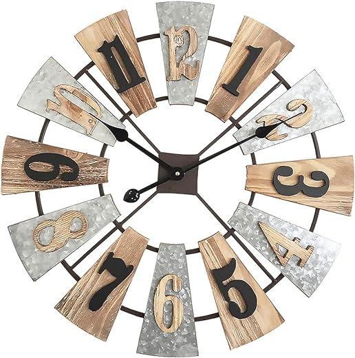 MODE HOME 24 Inch Large Farmhouse Wall Clock, Decorative Vintage Wood Wall Clock, Rustic Country Windmill Clock Wall Decor, Silent Battery Operated for Kitchen, Living Room, Bathroom