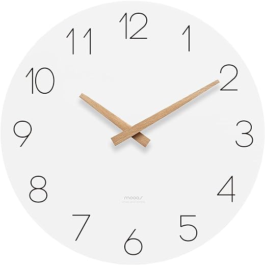 mooas Flatwood Wall Clock, 12 Wood Non-Ticking Sweep Movement Decorative Battery Operated Wall Clock for Home Living Room Kitchen Bedroom Office School Hotel