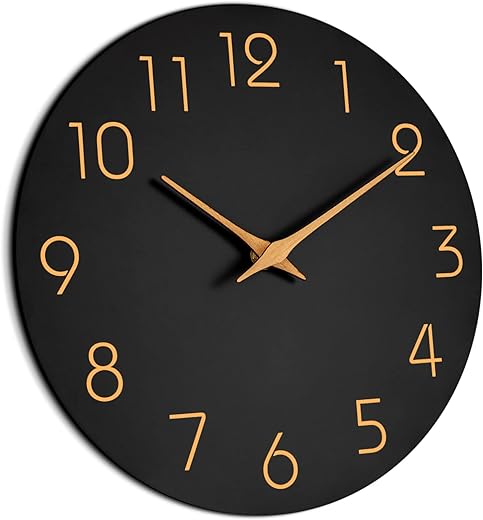 Mosewa Wall Clock 14 Inch Black Battery Operated Silent Non-Ticking - Simple Minimalist Rose Gold Numbers Clock Decorative for Bedroom,Living Room, Kitchen,Home,Office(14" Black)