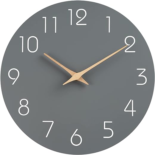 Mosewa Wall Clock 14 Inch Wall Clocks Battery Operated Silent Non-Ticking, Simple Modern Wood Clock Decorative for Bedroom, Living Room, Kitchen, Home Office (Gray)