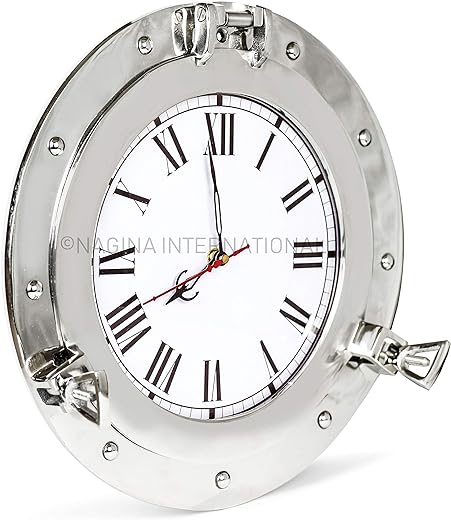 Nagina International 12 Premium Silver Lined Aluminum Nickel Plated Nautical Ship's Porthole Time's Clock | Maritime Wall Decor & Exclusive