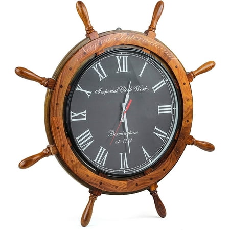 Nagina International 30 Nautical Ship Wheel Black Dial Imperial Clock Works (Birmingham) | Vintage Colonial Style Wall Hanging Decor & Clock | Ocean Gifts Ideas