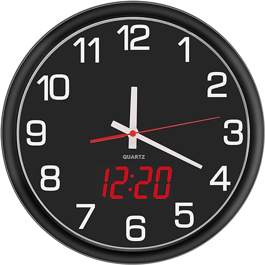 Night Light Wall Clock Battery Operated with LED Display, 12 Inch Silent Non-Ticking Quartz Wall Clock for Bedrooms, Classroom, Kitchen, Living Room