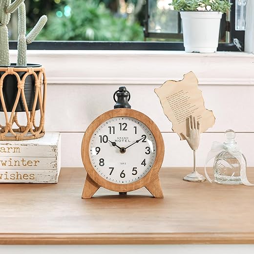 NIKKY HOME Farmhouse Rustic Wooden Table Clock, Silent Non-Ticking Battery Operated Vintage Solid Wood Desk Shelf Mantel Clock for Living Room Decor - Brown