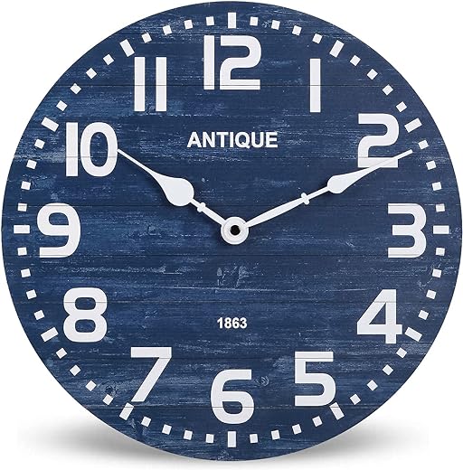 NIKKY HOME Navy Blue Rustic Wooden Wall Clock - 12 Inch Battery Operated Silent Non Ticking Farmhouse Wood Clock Home Decor for Kitchen, Living Room, Bedroom, Office