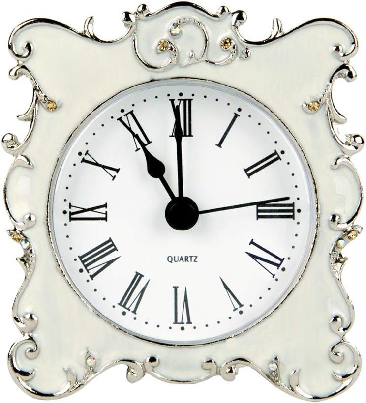 NIKKY HOME Pewter Pretty Small and Cute Vintage Table Clock with Quartz Analog Crystal Rhinestone 3 Inch for Living Room Bathroom Decoration, White Enamel