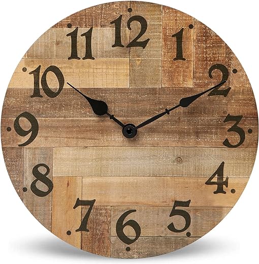 NIKKY HOME Rustic Farmhouse Wall Clock - 12 Inch Battery Operated Silent Non Ticking Vintage Wooden MDF Clock Home Decor for Kitchen, Living Room, Bedroom, Office