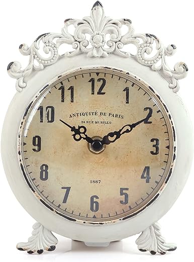 NIKKY HOME Small Vintage Table Clock, Decorative Shelf Desk Top Clock Battery Operated Round French Design, Farmhouse Home Decor for Bathroom, Tabletop, Desktop, Countertop, Rustic Beige