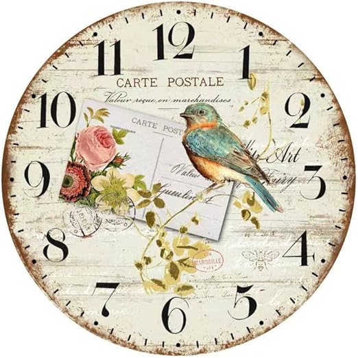 N&Life 12 Inch Silent Non-Ticking Colorful Bird Design Wall Clock Silent Wooden Round Wall Clocks Battery Operated Decorative Clock for Kitchen/Bedroom/Living Room/Office …