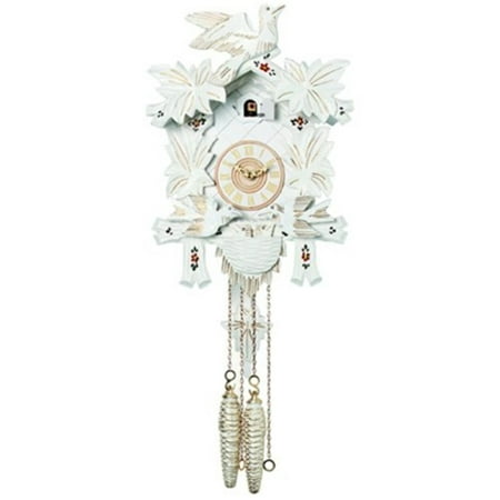 One Day Cuckoo Clock with Carved Maple Leaves & Moving Birds - White with Gold Accents